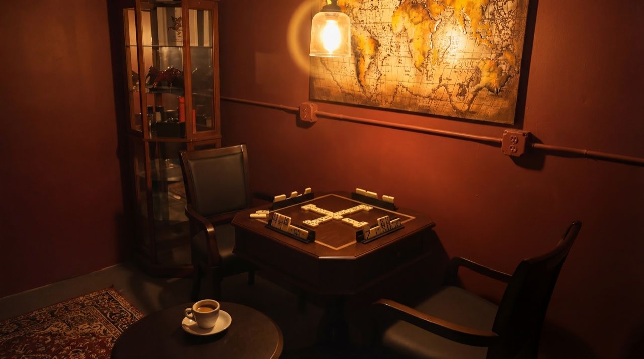 Close-up of a domino game in progress on a wooden table with warm pendant lighting
