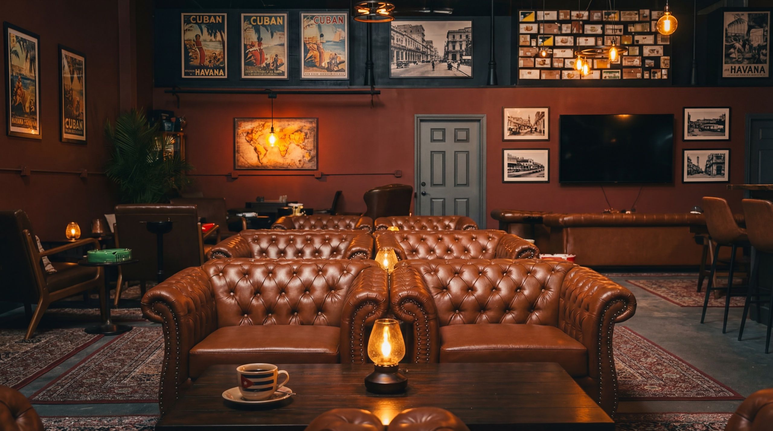 Deep perspective view of Cuban Social Club interior with rows of Chesterfield sofas, vintage Cuban posters, and warm lighting